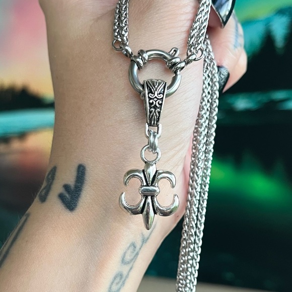 SET ! Fleur de lis / lys stainless steel double wheat chain necklace + earrings - Picture 9 of 14